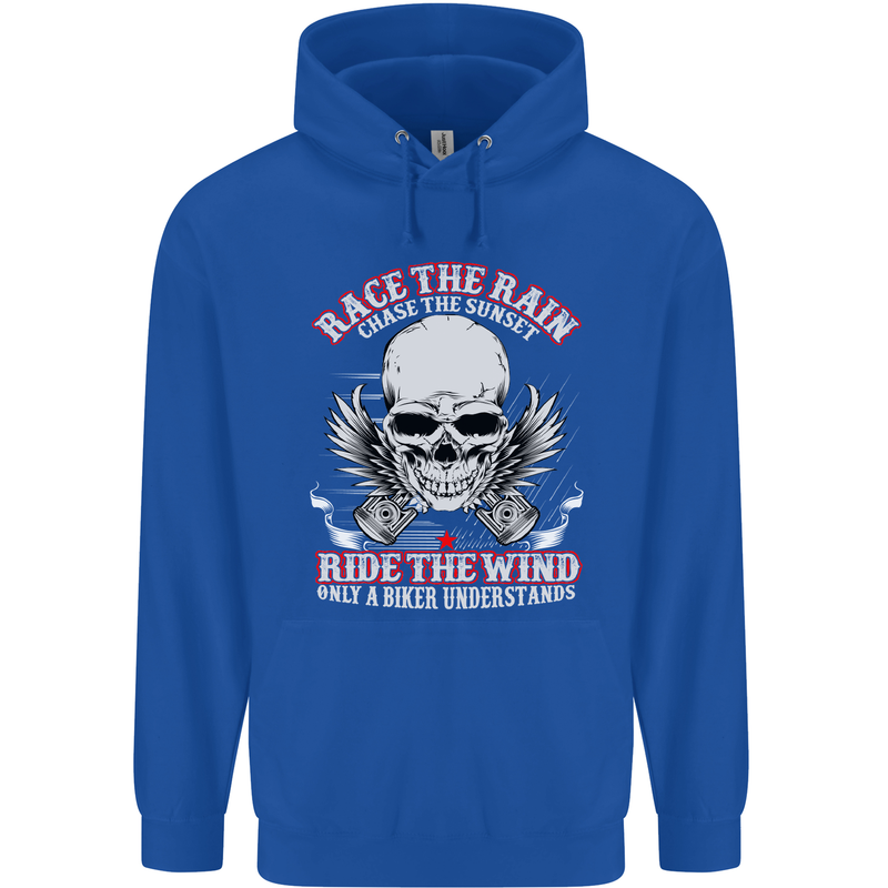 Race the Rain Biker Childrens Kids Hoodie Royal Blue
