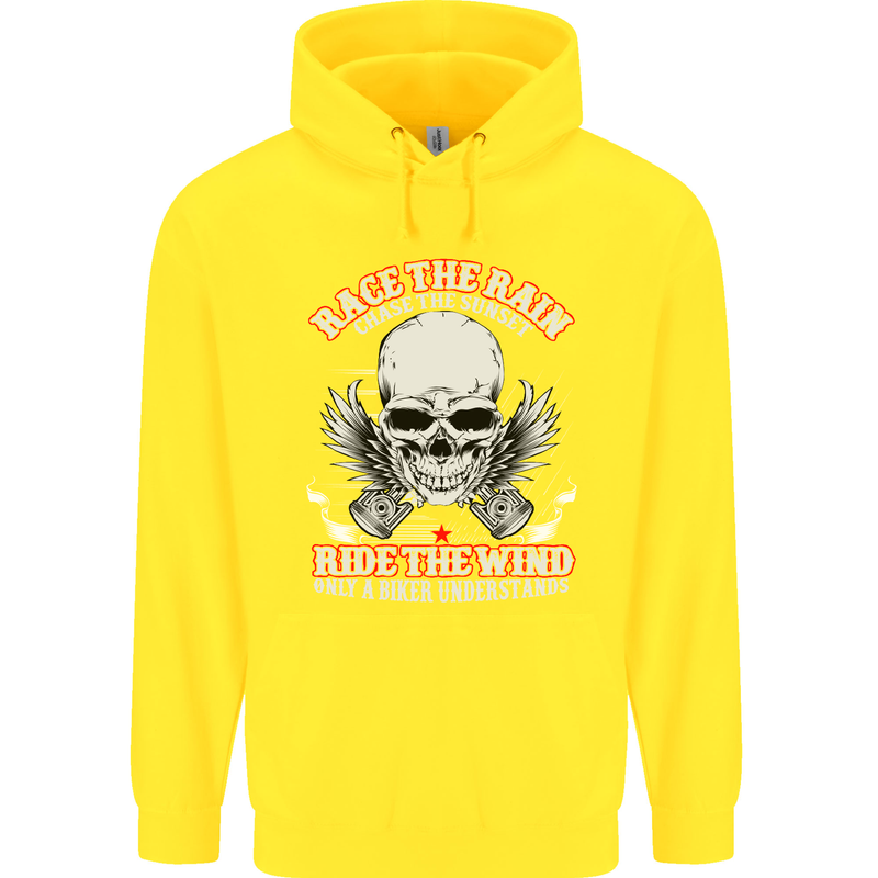 Race the Rain Biker Childrens Kids Hoodie Yellow
