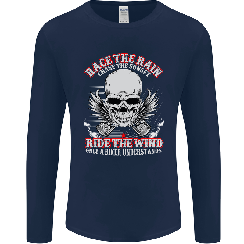Race the Rain Biker Mens Long Sleeve T-Shirt Navy Blue