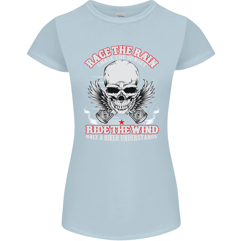 Race the Rain Biker Womens Petite Cut T-Shirt Light Blue