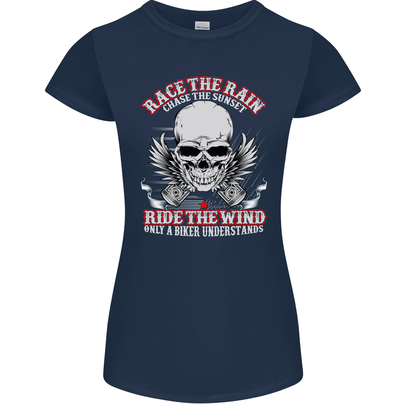 Race the Rain Biker Womens Petite Cut T-Shirt Navy Blue