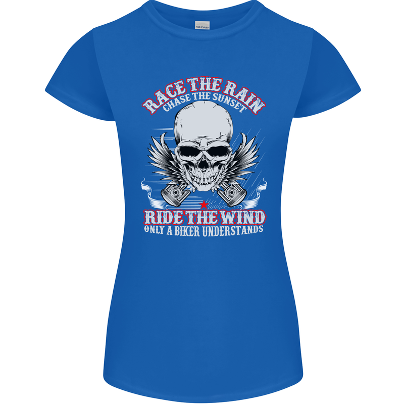 Race the Rain Biker Womens Petite Cut T-Shirt Royal Blue