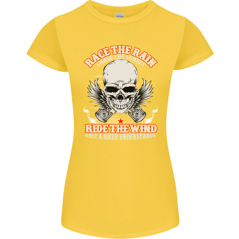 Race the Rain Biker Womens Petite Cut T-Shirt Yellow