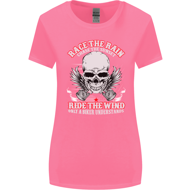 Race the Rain Biker Womens Wider Cut T-Shirt Azalea