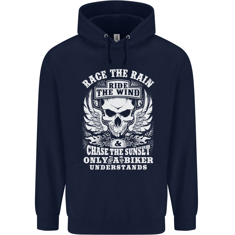 Race the Wind Biker Motorcycle Motorbike Childrens Kids Hoodie Navy Blue