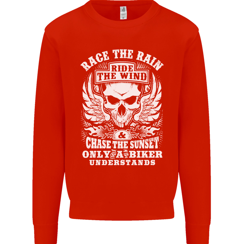 Race the Wind Biker Motorcycle Motorbike Kids Sweatshirt Jumper Bright Red