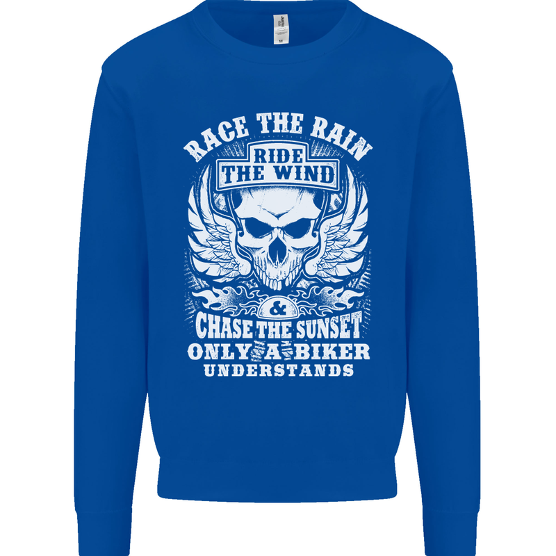 Race the Wind Biker Motorcycle Motorbike Kids Sweatshirt Jumper Royal Blue