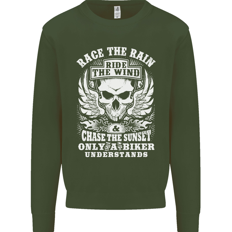 Race the Wind Biker Motorcycle Motorbike Mens Sweatshirt Jumper Forest Green