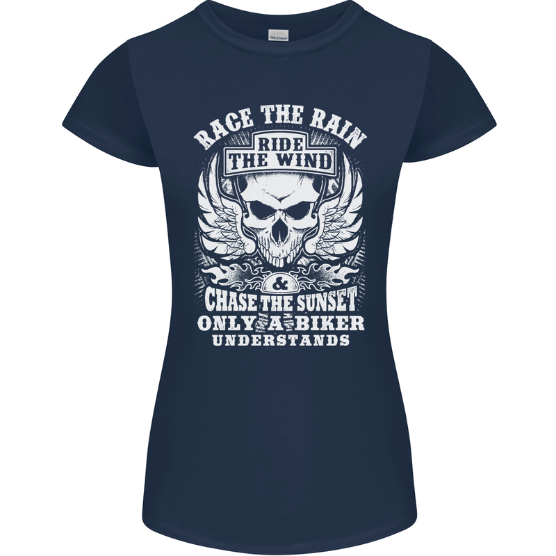 Race the Wind Biker Motorcycle Motorbike Womens Petite Cut T-Shirt Navy Blue