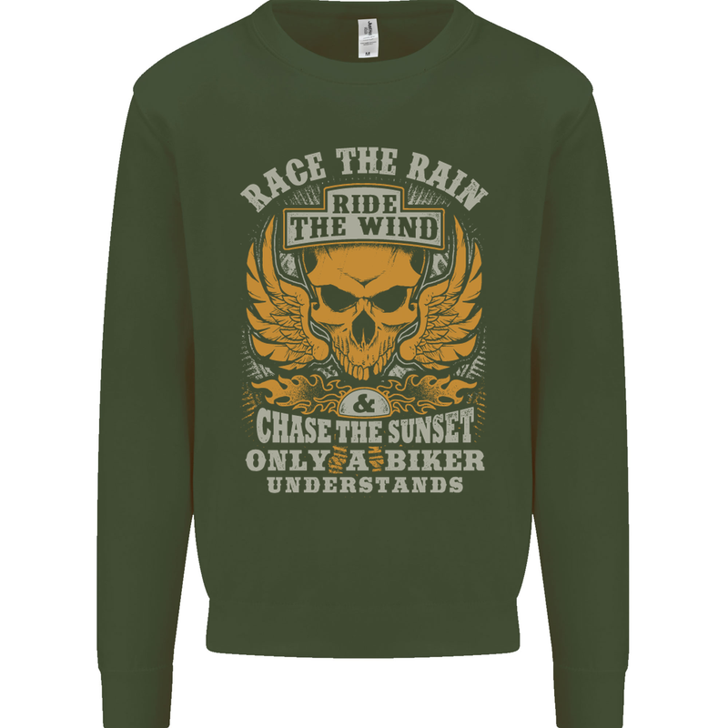 Race the Wind Motorbike Motorcycle Biker Kids Sweatshirt Jumper Forest Green