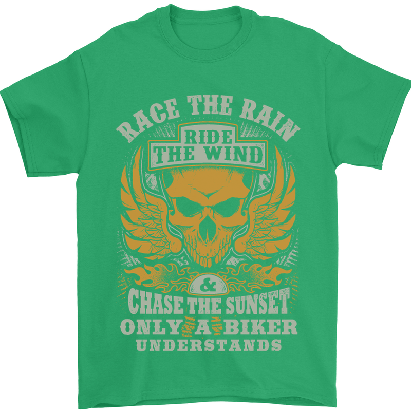 Race the Wind Motorbike Motorcycle Biker Mens T-Shirt Cotton Gildan Irish Green
