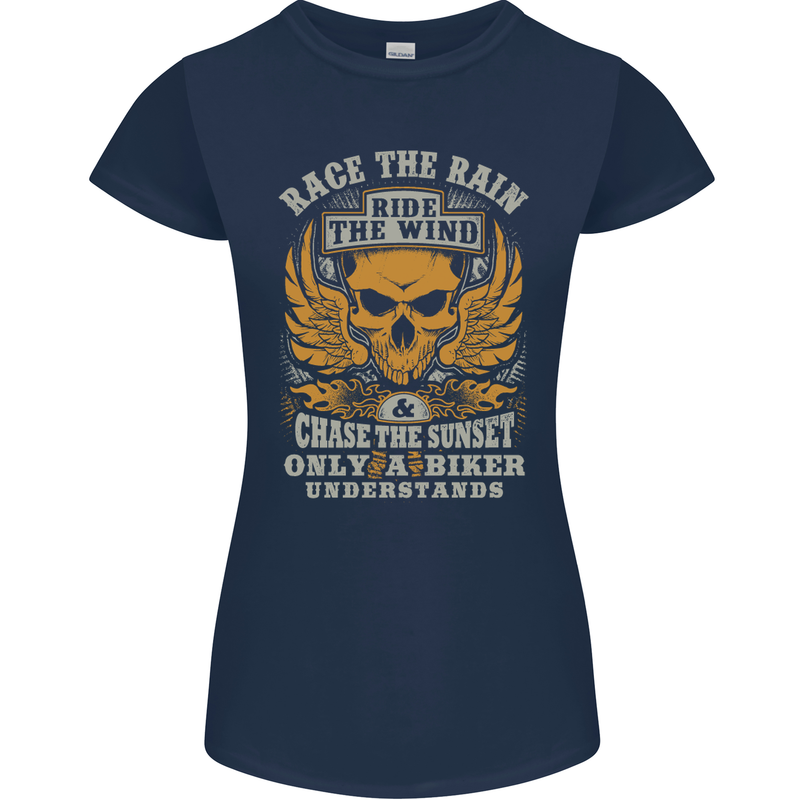 Race the Wind Motorbike Motorcycle Biker Womens Petite Cut T-Shirt Navy Blue