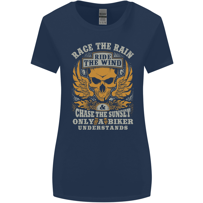 Race the Wind Motorbike Motorcycle Biker Womens Wider Cut T-Shirt Navy Blue