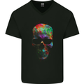 Radiantly Coloured Skull Mens V-Neck Cotton T-Shirt Black