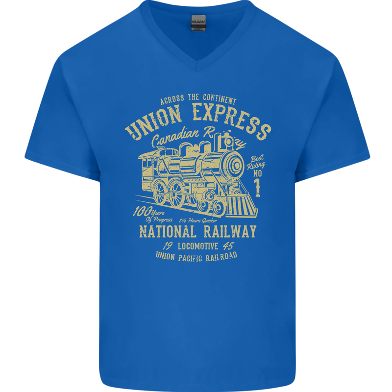 Railway Train Trainspotter Trianspotting Mens V-Neck Cotton T-Shirt Royal Blue
