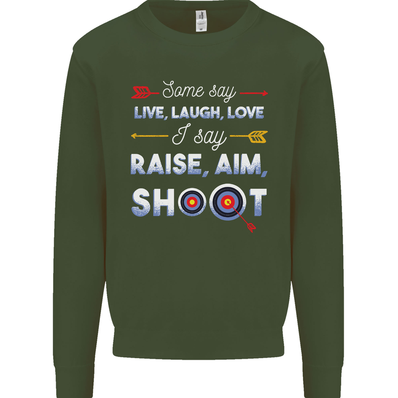 Raise Aim Shoot Funny Archery Archer Kids Sweatshirt Jumper Forest Green