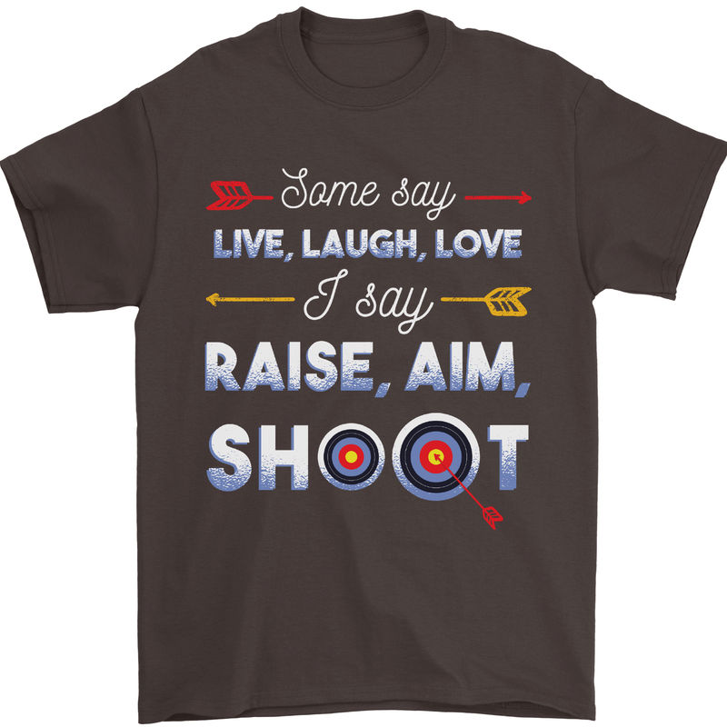 Raise Aim Shoot Funny Archery Archer Mens T-Shirt Cotton Gildan Dark Chocolate