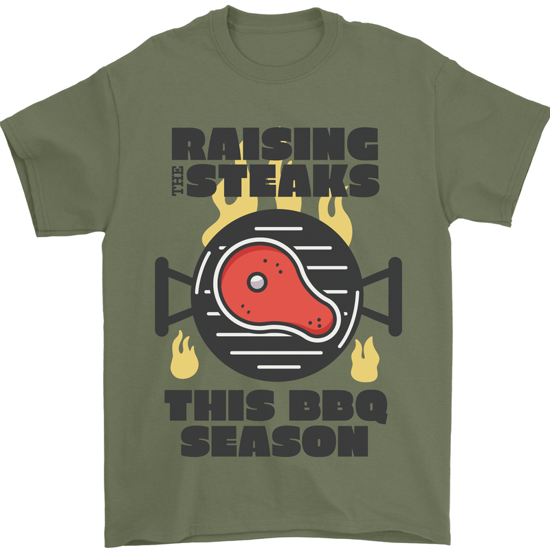 Raising the Steaks Funny BBQ Grill Mens T-Shirt 100% Cotton Military Green