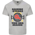 Raising the Steaks Funny BBQ Grill Mens V-Neck Cotton T-Shirt Sports Grey