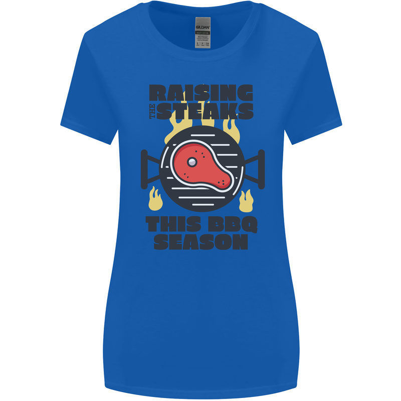 Raising the Steaks Funny BBQ Grill Womens Wider Cut T-Shirt Royal Blue