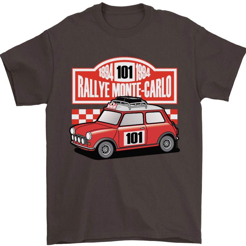 Rallye Monte Carlo Mini Rally Car Mens T-Shirt Cotton Gildan Dark Chocolate