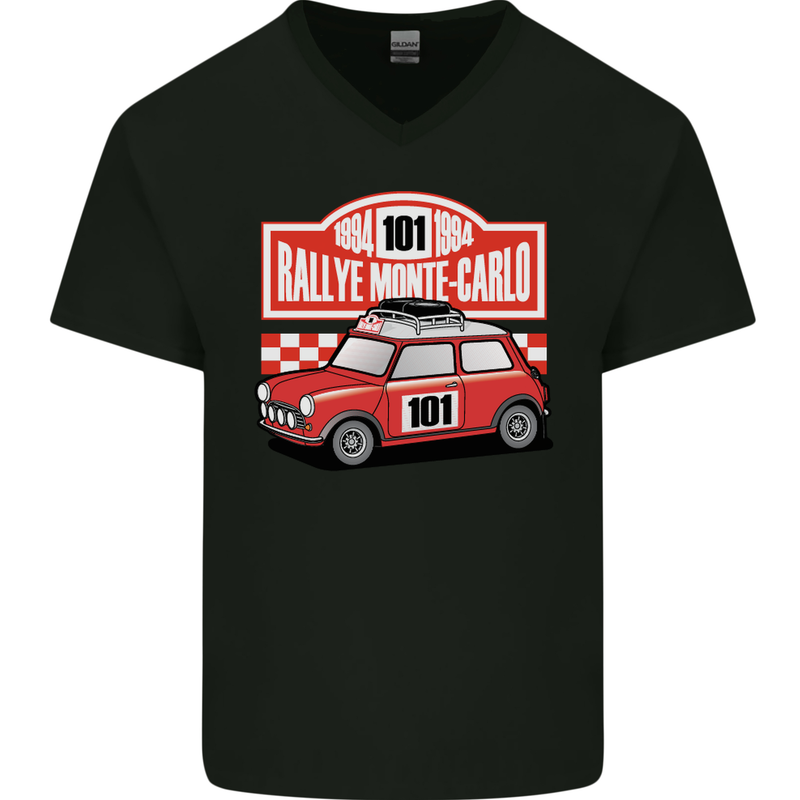 Rallye Monte Carlo Mini Rally Car Mens V-Neck Cotton T-Shirt Black