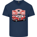 Rallye Monte Carlo Mini Rally Car Mens V-Neck Cotton T-Shirt Navy Blue