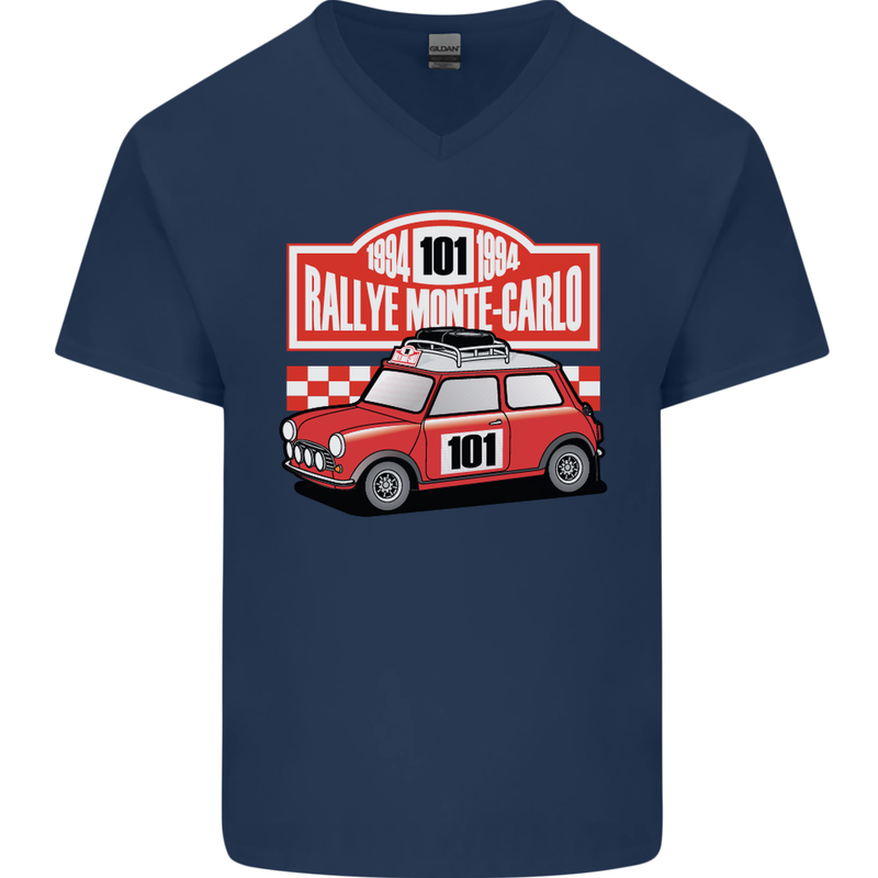 Rallye Monte Carlo Mini Rally Car Mens V-Neck Cotton T-Shirt Navy Blue