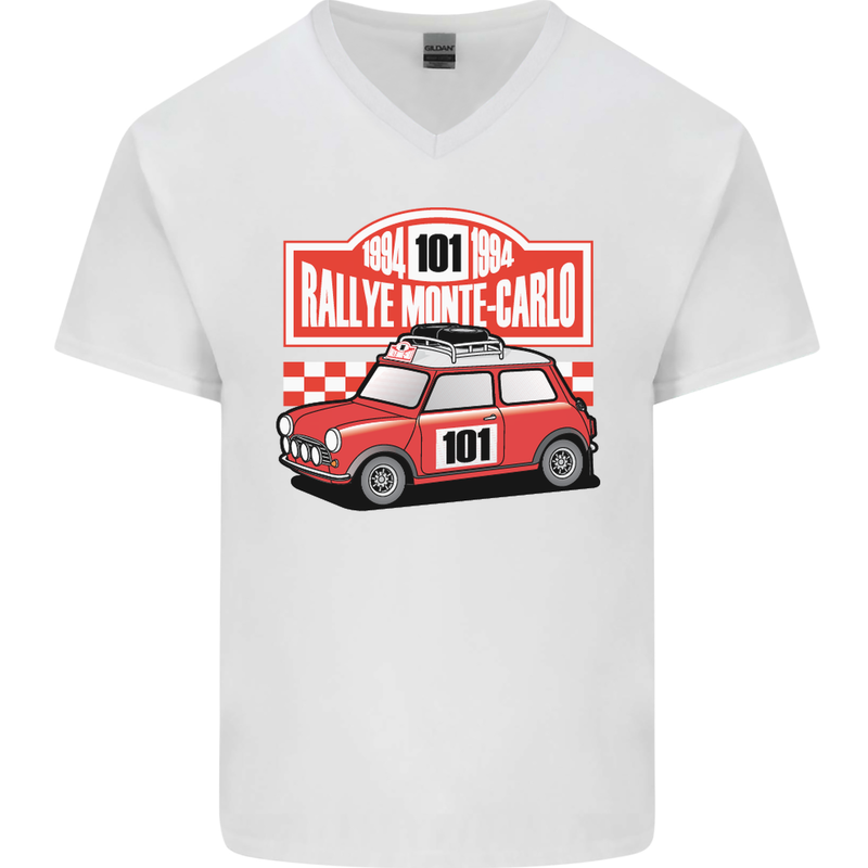Rallye Monte Carlo Mini Rally Car Mens V-Neck Cotton T-Shirt White