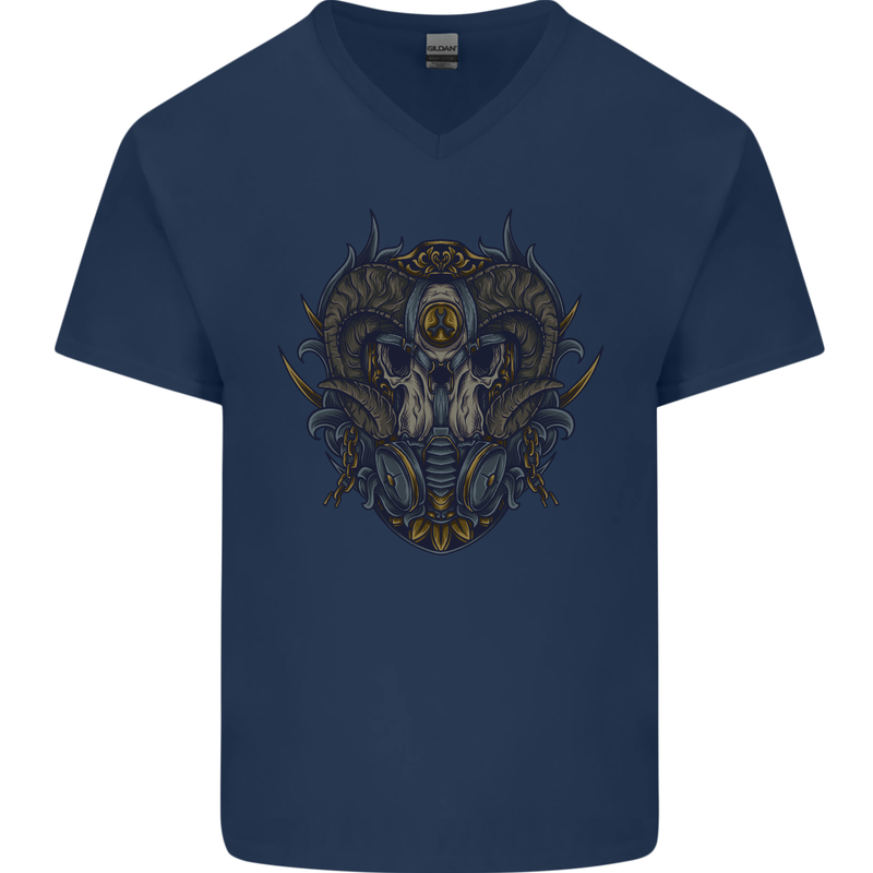 Ram Skull With Respirator Mens V-Neck Cotton T-Shirt Navy Blue