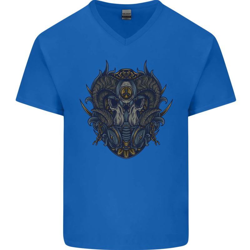 Ram Skull With Respirator Mens V-Neck Cotton T-Shirt Royal Blue