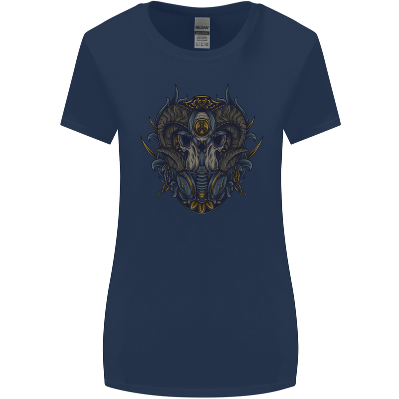 Ram Skull With Respirator Womens Wider Cut T-Shirt Navy Blue