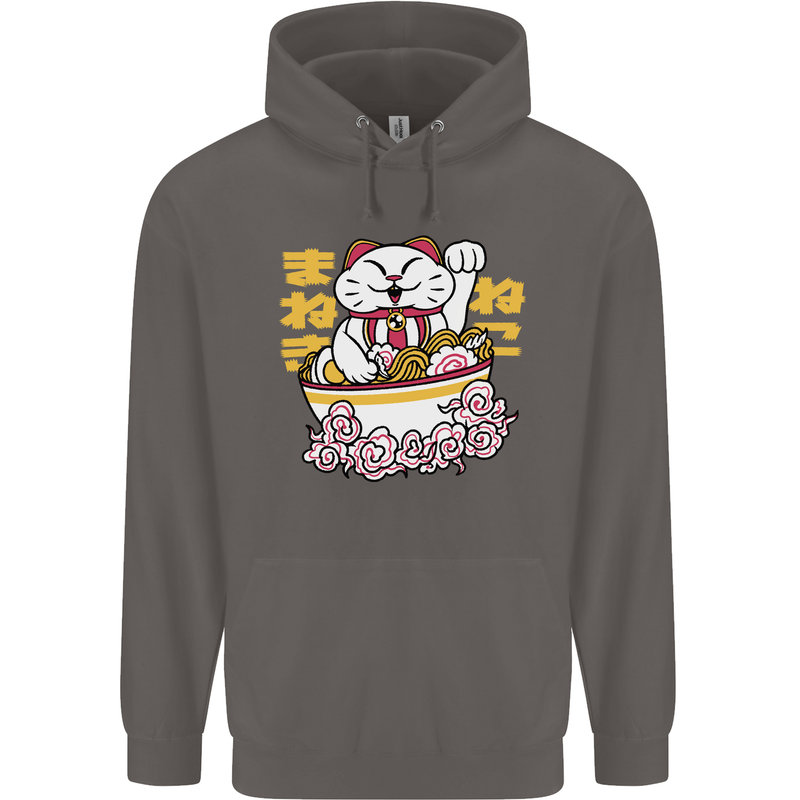 Ramen Lucky Cat Mens 80% Cotton Hoodie Charcoal