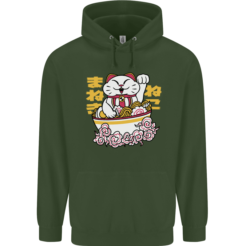Ramen Lucky Cat Mens 80% Cotton Hoodie Forest Green
