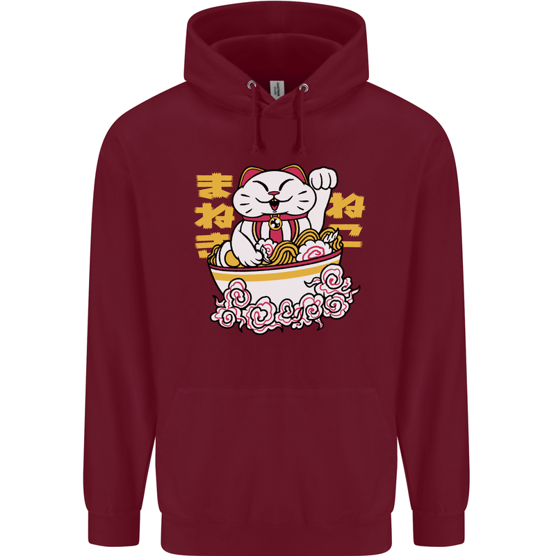 Ramen Lucky Cat Mens 80% Cotton Hoodie Maroon