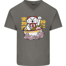 Ramen Lucky Cat Mens V-Neck Cotton T-Shirt Charcoal