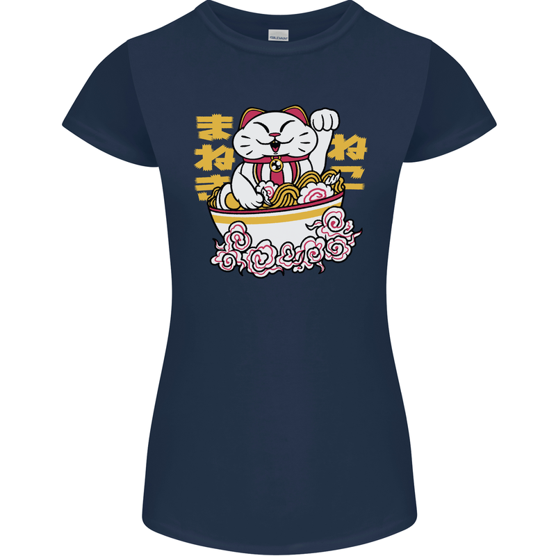 Ramen Lucky Cat Womens Petite Cut T-Shirt Navy Blue
