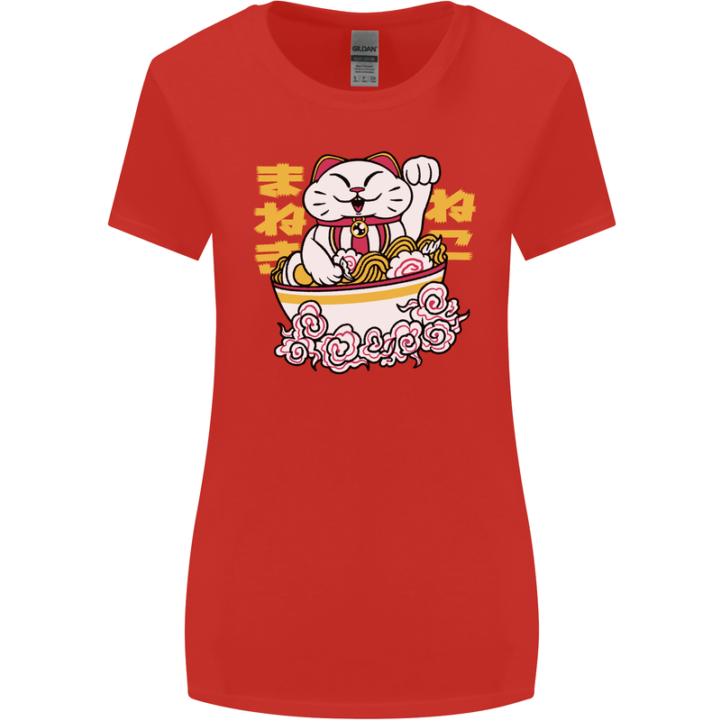 Ramen Lucky Cat Womens Wider Cut T-Shirt Red