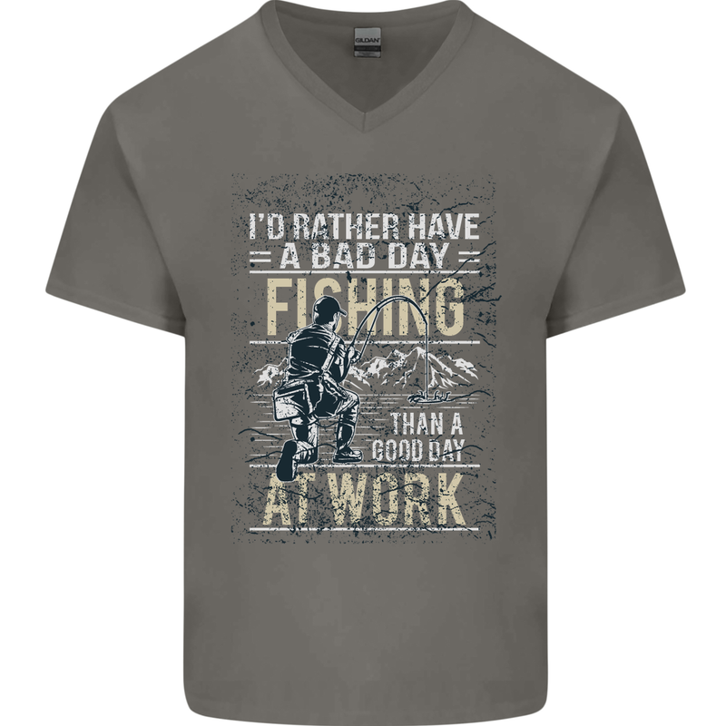 Rather a Bad Day Fishing Funny Fisherman Mens V-Neck Cotton T-Shirt Charcoal