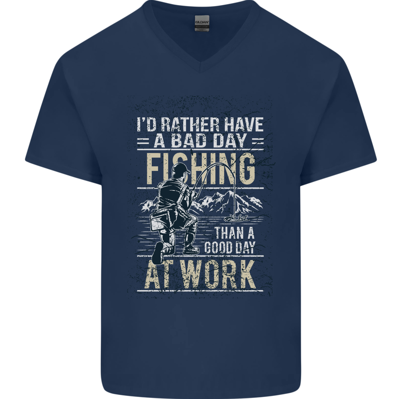 Rather a Bad Day Fishing Funny Fisherman Mens V-Neck Cotton T-Shirt Navy Blue