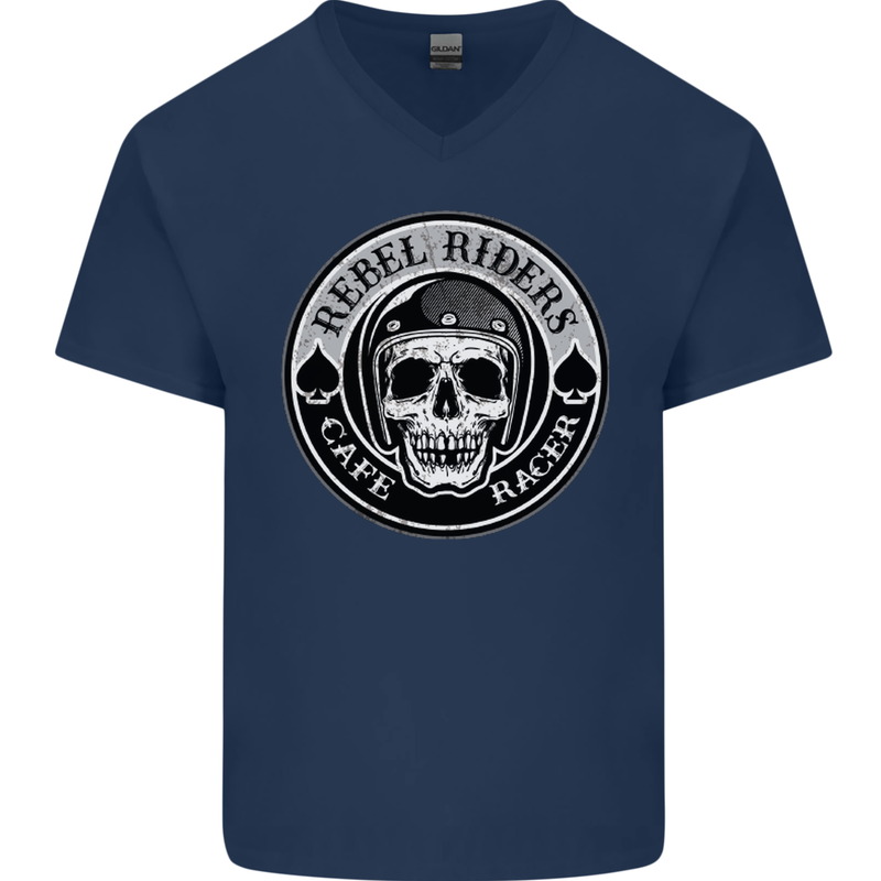 Rebel Cafe Racer Biker Motorbike Motorcycle Mens V-Neck Cotton T-Shirt Navy Blue