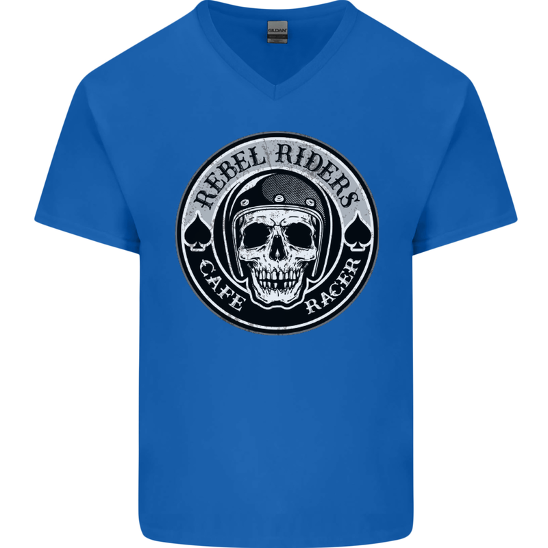 Rebel Cafe Racer Biker Motorbike Motorcycle Mens V-Neck Cotton T-Shirt Royal Blue