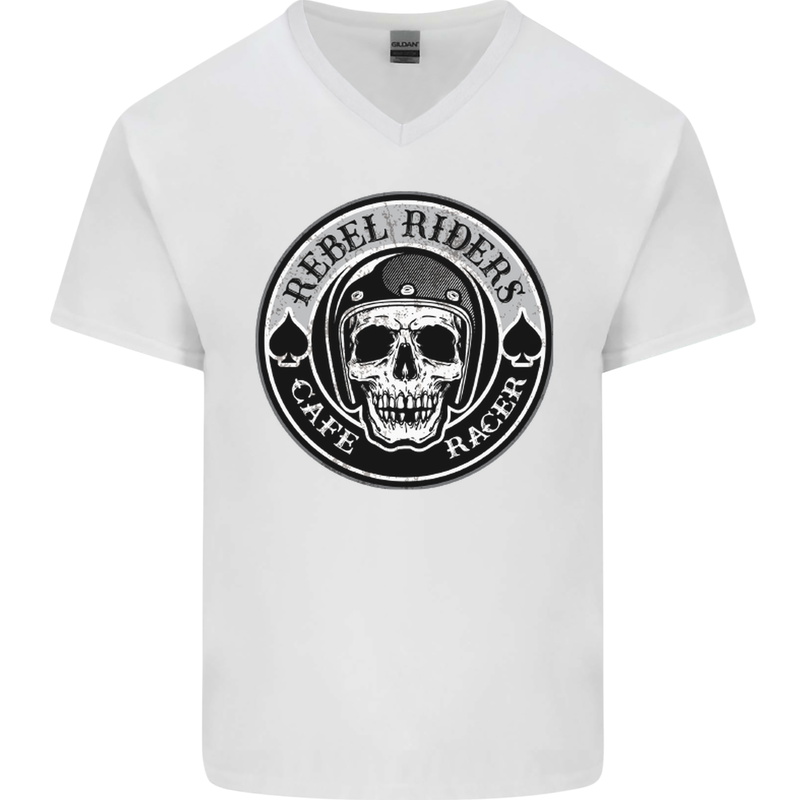 Rebel Cafe Racer Biker Motorbike Motorcycle Mens V-Neck Cotton T-Shirt White