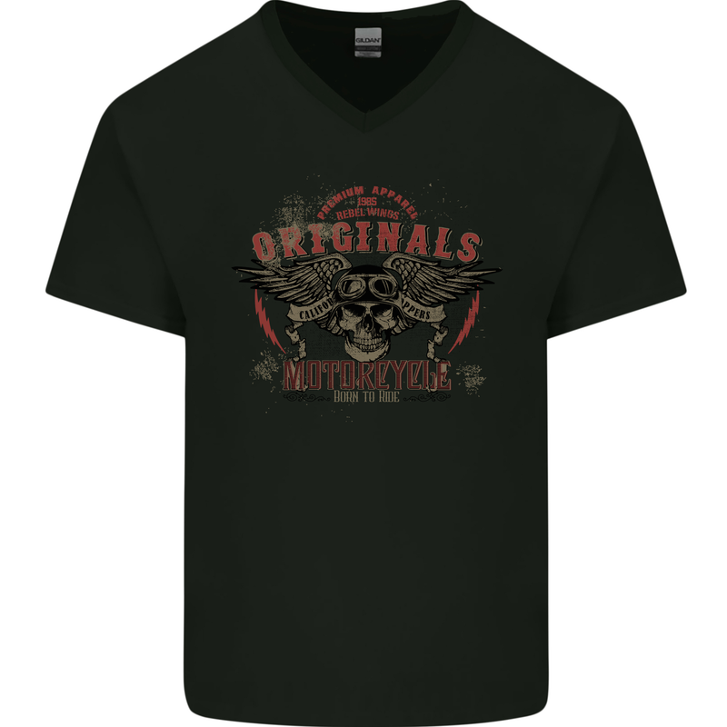 Rebel Wings Motorcycle Originals Mens V-Neck Cotton T-Shirt Black