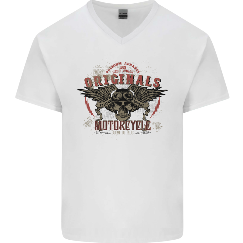 Rebel Wings Motorcycle Originals Mens V-Neck Cotton T-Shirt White