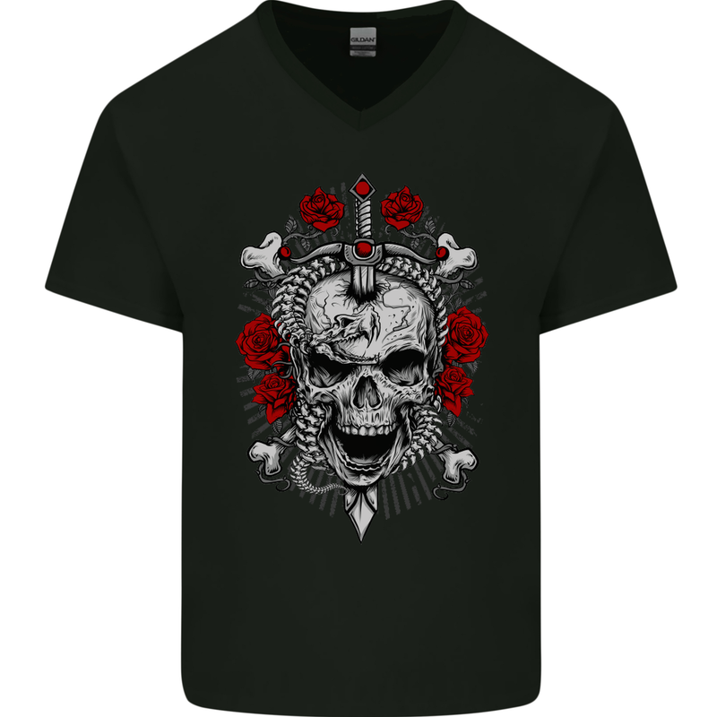 Rebelion Skull Biker Heavy Metal Rock Music Mens V-Neck Cotton T-Shirt Black