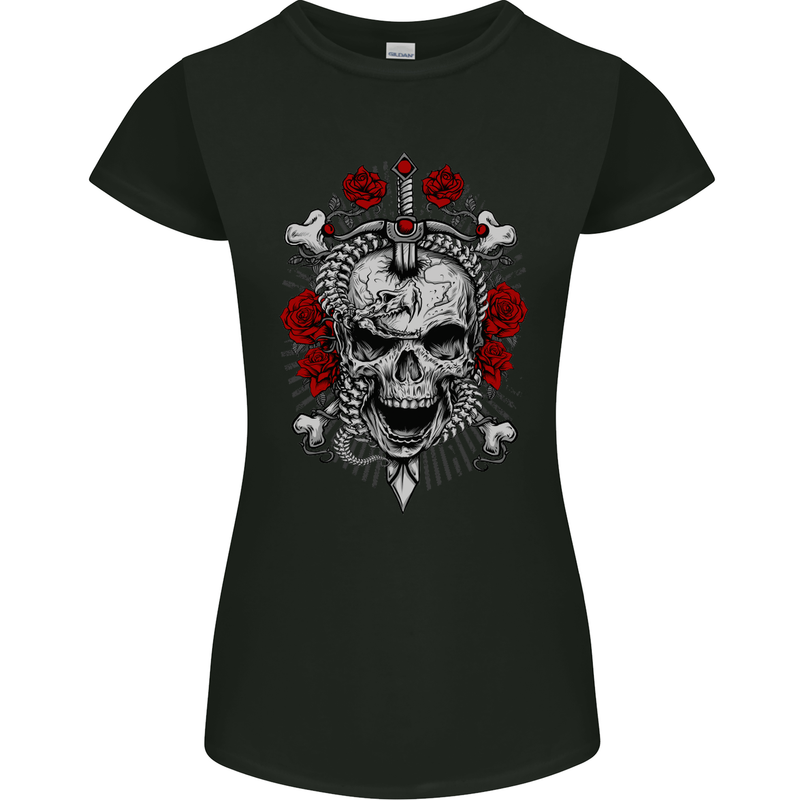 Rebelion Skull Biker Heavy Metal Rock Music Womens Petite Cut T-Shirt Black