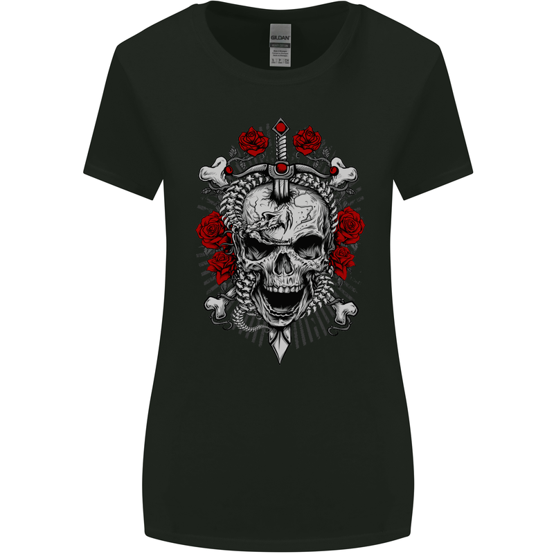 Rebelion Skull Biker Heavy Metal Rock Music Womens Wider Cut T-Shirt Black