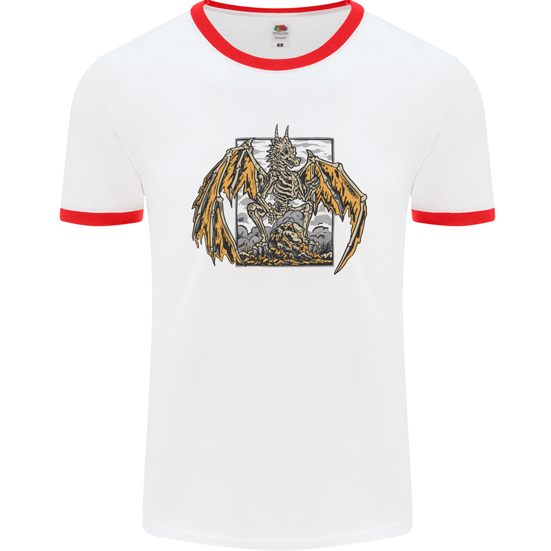 Devil Dragon Skeleton Fantasy Skull Demon Mens White Ringer T-Shirt White/Red