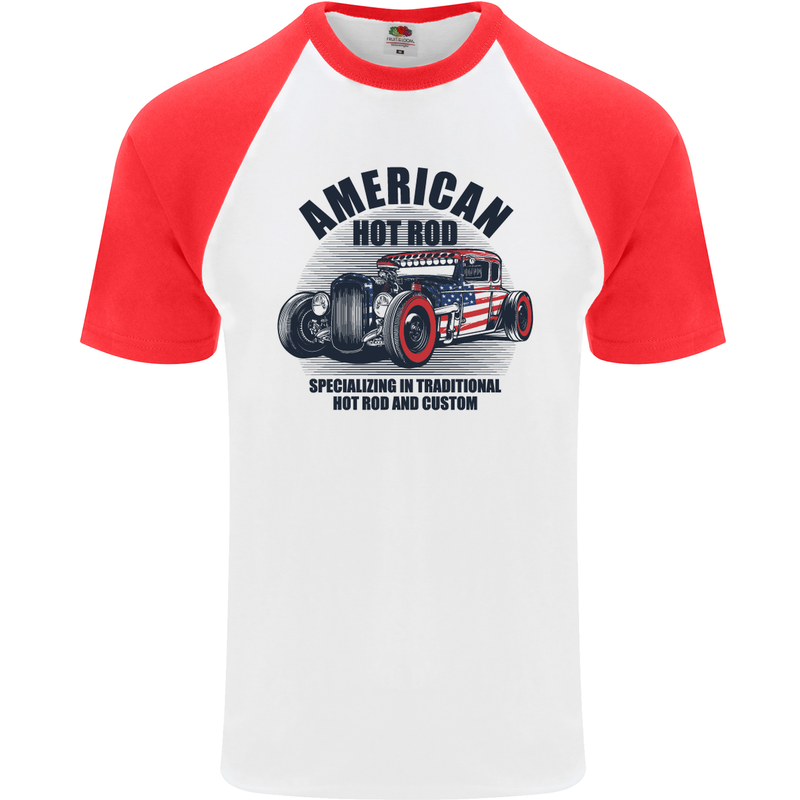 American Hot Rod Hotrod Enthusiast Car Mens S/S Baseball T-Shirt White/Red